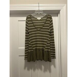 Anthropologie Eri + Ali Small Tallie Peplum Stripe Top Tee Thermal Olive Green